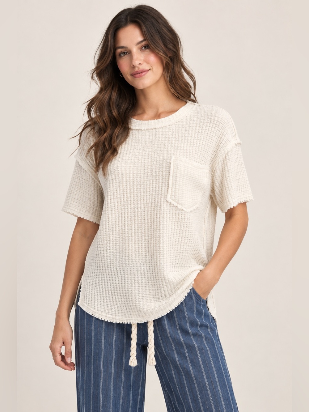 Easel Creme Washed Waffle Knit Short Sleeve Boxy Top Boho